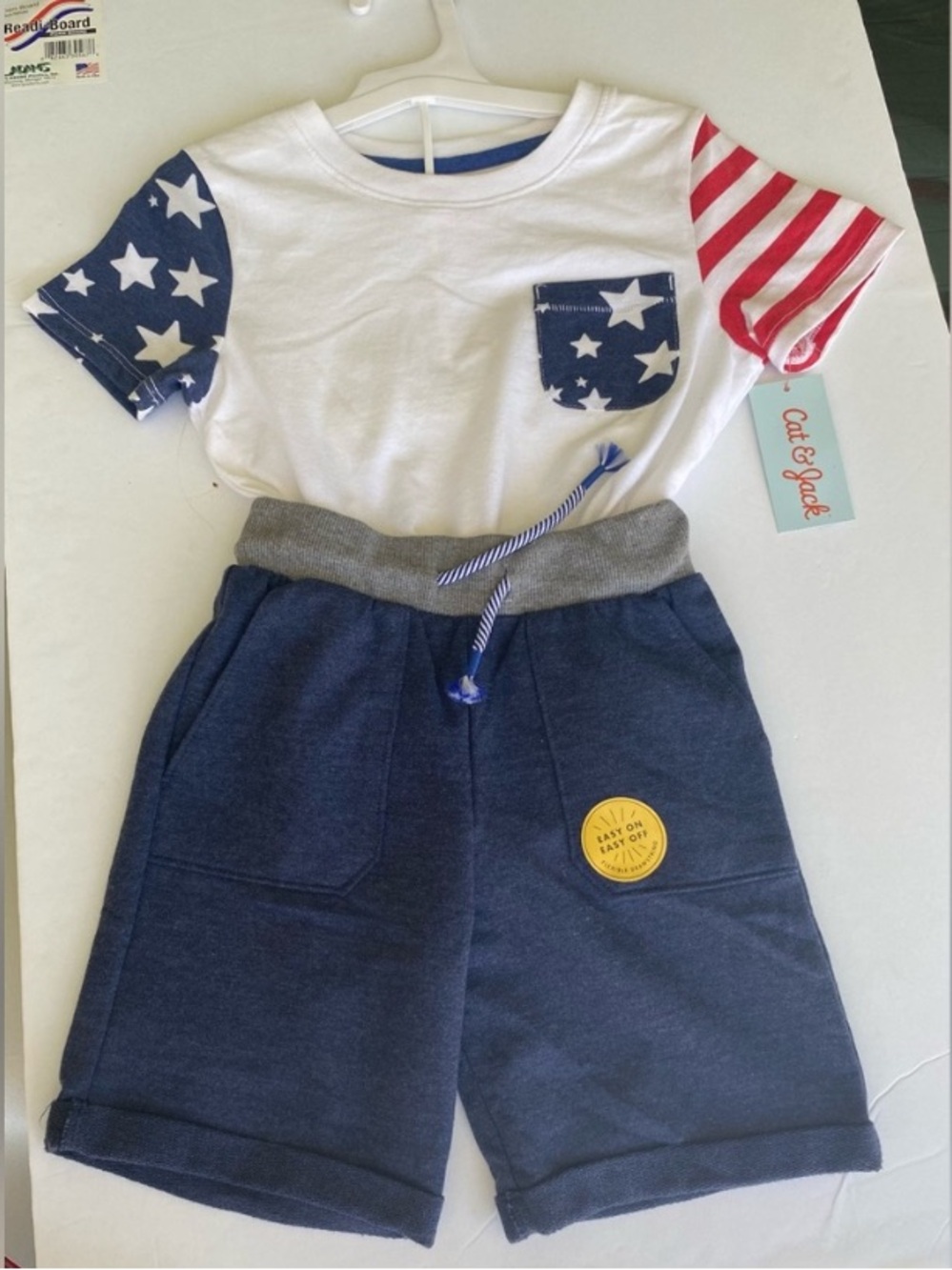 Cat & Jack White Tee with Star & Stripe Sleeves and Navy Shorts